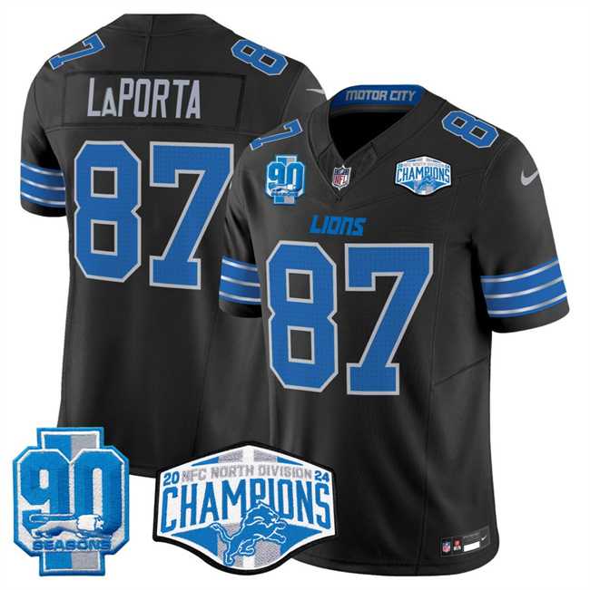 Men%27s Detroit Lions #87 Sam LaPorta Black 2024 NFC North Champions 90th Anniversary Patch F.U.S.E. Vapor Limited Stitched Jersey